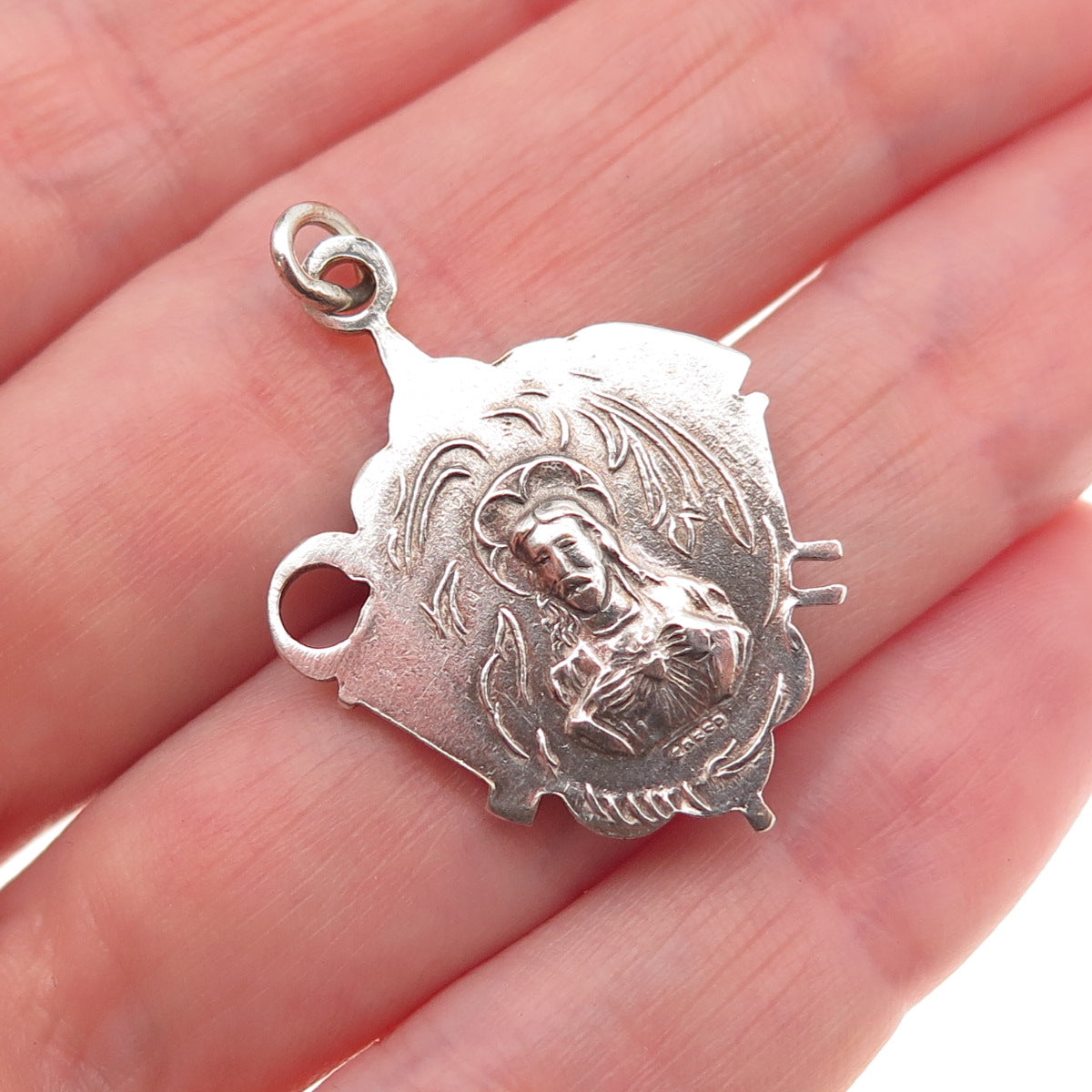Creed 925 Sterling Silver Antique Art Deco Jesus Sacred Heart Charm Pendant