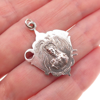Creed 925 Sterling Silver Antique Art Deco Jesus Sacred Heart Charm Pendant
