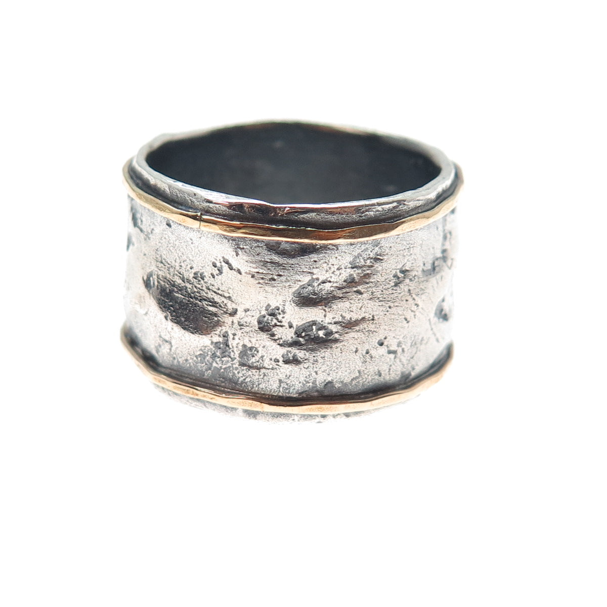 925 Sterling Silver & 14K Gold Vintage Modernist Oxidized Band Ring Size 9.75