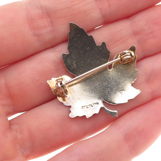 925 Sterling Silver 2-Tone Vintage Maple Leaf Pin Brooch
