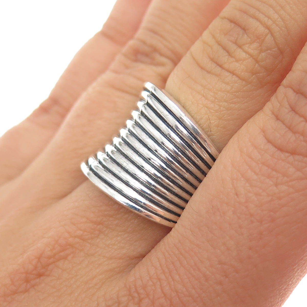 925 Sterling Silver Vintage Modernist Multi-Row Oxidized Ring Size 7