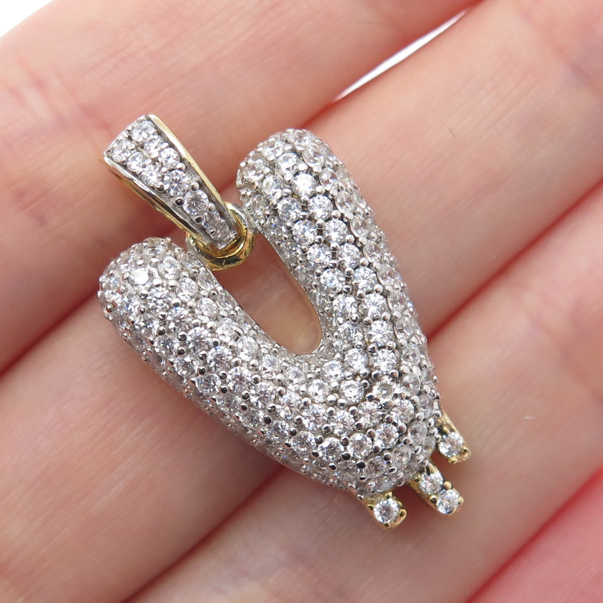 925 Sterling Silver Gold Plated Round-Cut Shaped C Z Letter V Sparkle Pendant