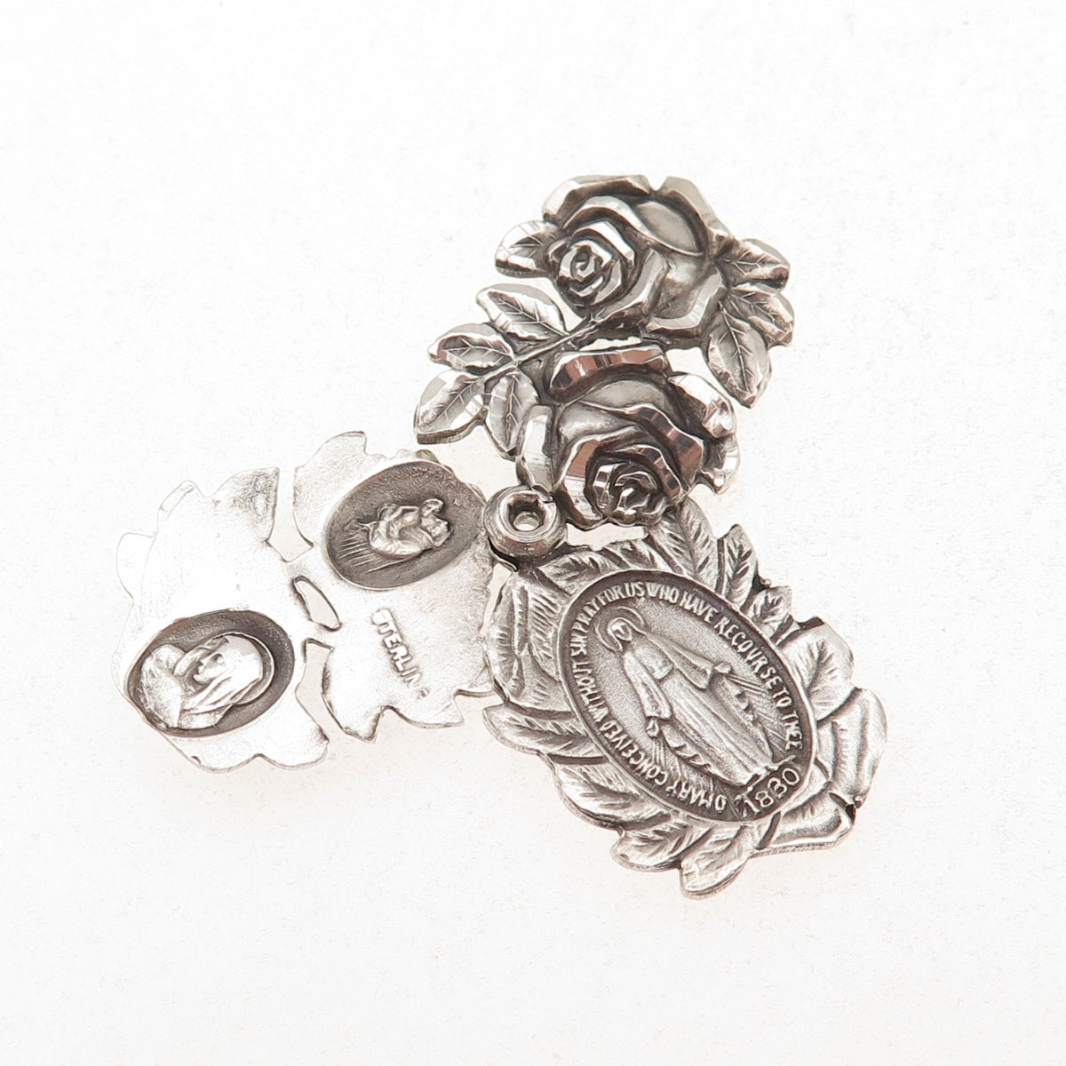925 Sterling Silver Antique Art Deco St. Mary Holy Rose Slide Charm Pendant