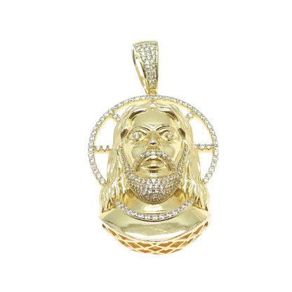REL 925 Sterling Silver Gold Plated Round-Cut Shaped C Jesus Religious Pendant