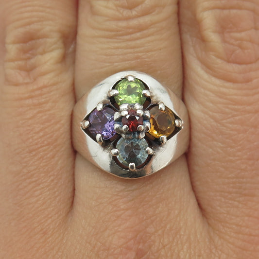 925 Sterling Silver Vintage Topaz Citrine Peridot Garnet & Amethyst Ring Size 8