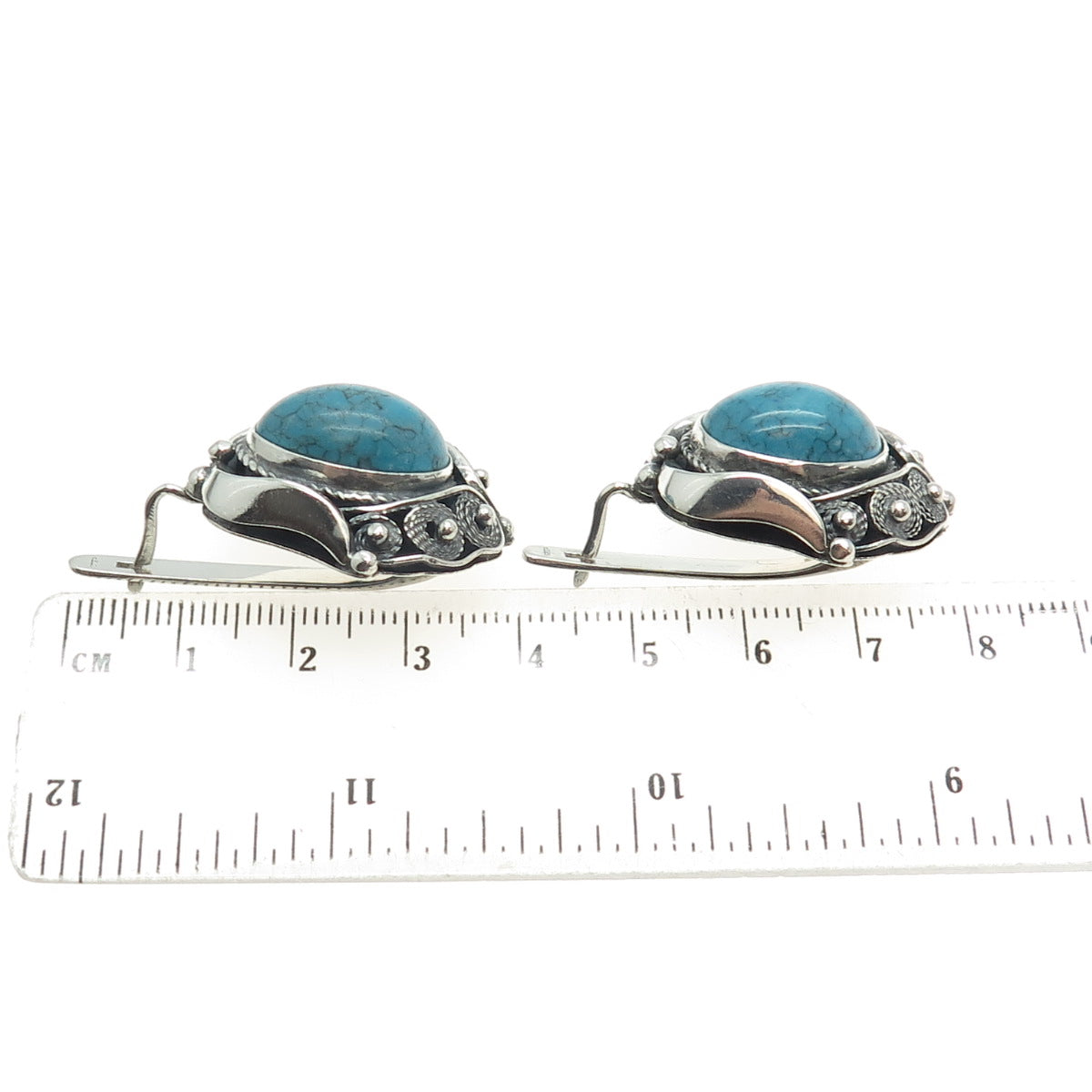 925 Sterling Silver Vintage Real Turquoise Modernist Filigree Floral Earrings