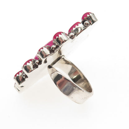 925 Sterling Vintage Pink Turquoise & Onyx Statement Adjustable Ring Size 8.75