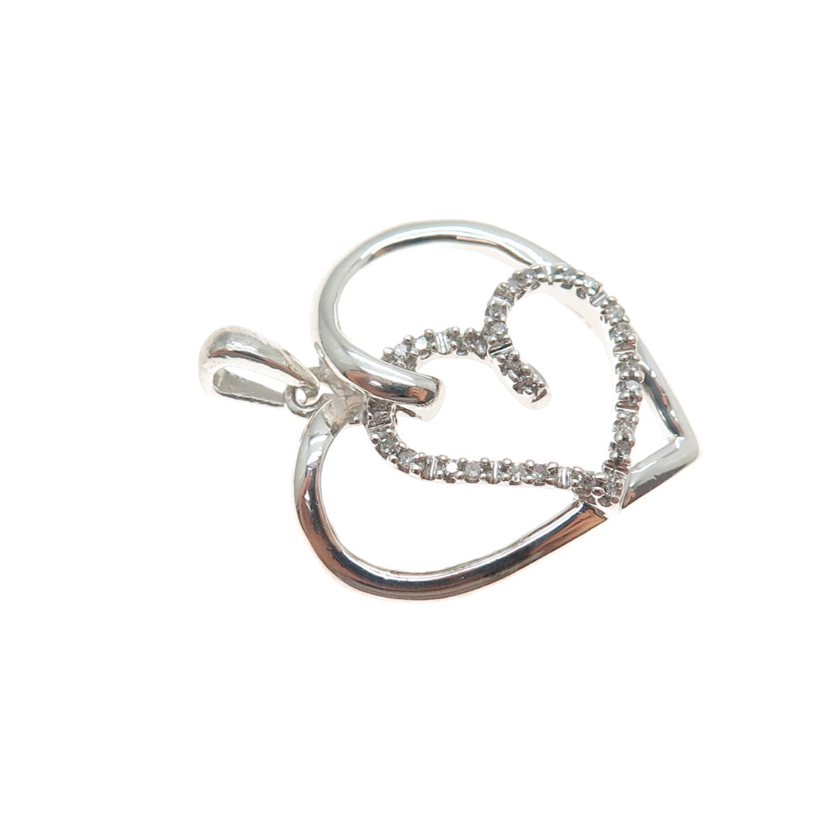 925 Sterling Silver Real Round-Cut Diamond Couple Heart Mini Charm Pendant