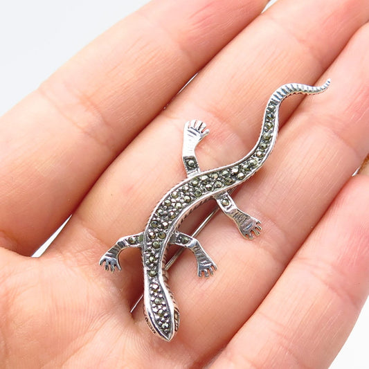 925 Sterling Silver Vintage Real Marcasite Gemstone Lizard Pin Brooch