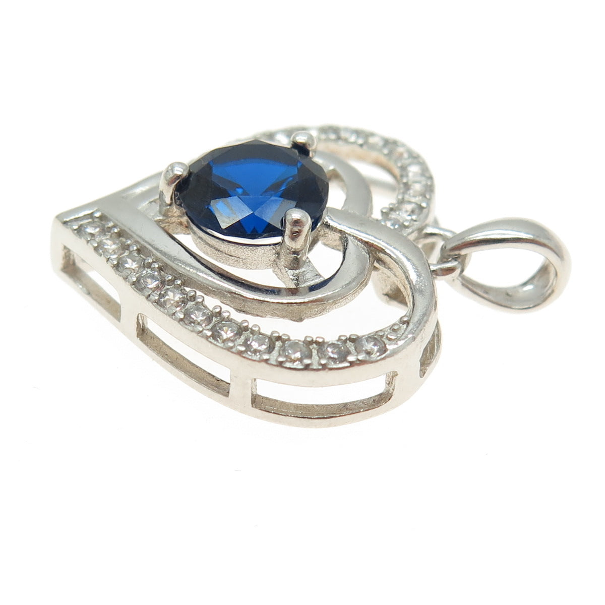 925 Sterling Silver Round-Cut Lab-Created Sapphire & C Z Heart Pendant