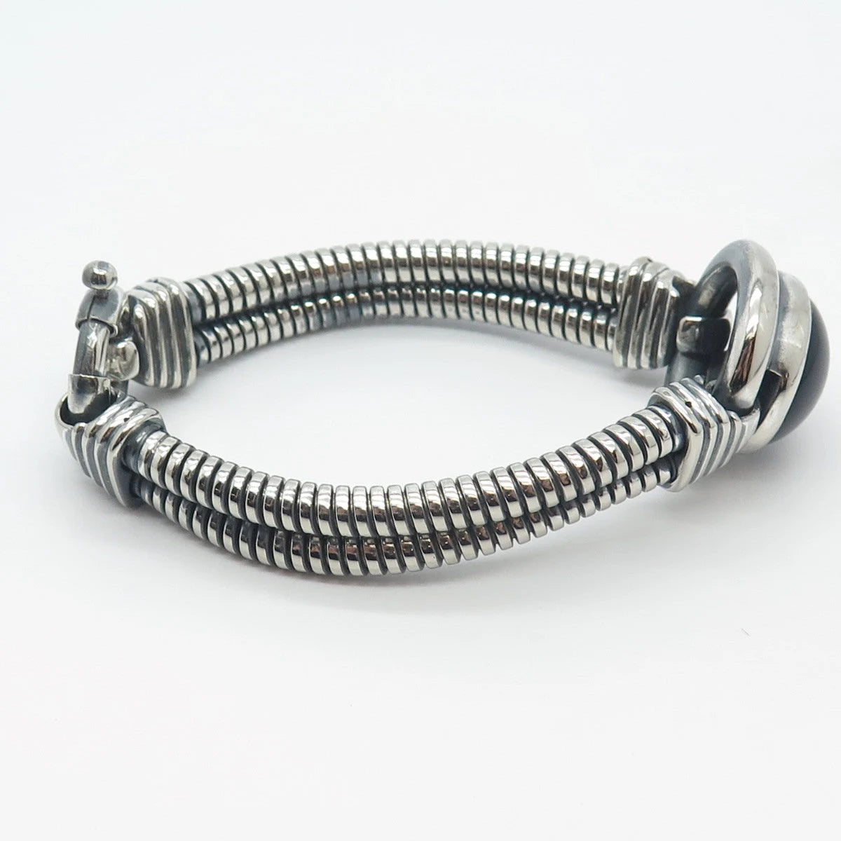 925 Sterling Silver Vintage Black Onyx Gem 2-Row Tubogas Link Bracelet 6.75"