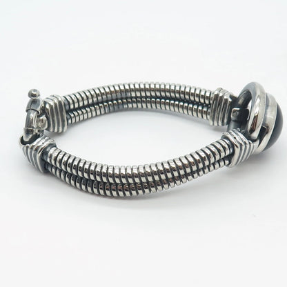 925 Sterling Silver Vintage Black Onyx Gem 2-Row Tubogas Link Bracelet 6.75"