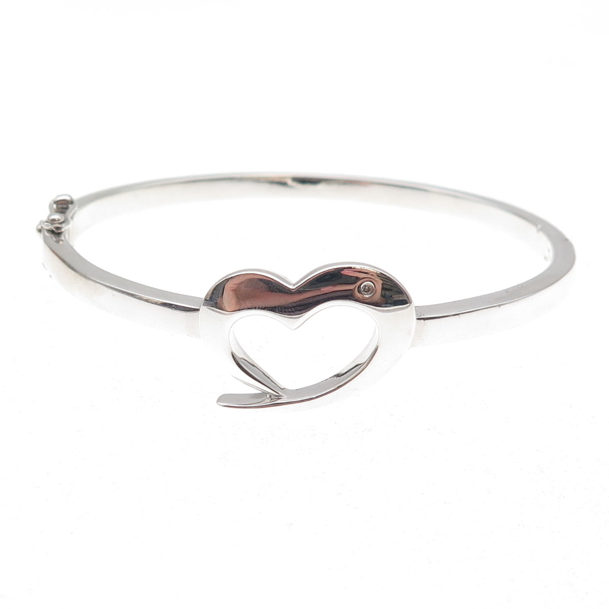 Dia 925 Sterling Silver Real Diamond Open Heart Bangle Bracelet 6.75"