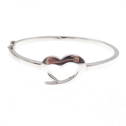 Dia 925 Sterling Silver Real Diamond Open Heart Bangle Bracelet 6.75"