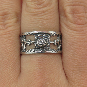 ALBO 835 Silver Vintage Rose Flower Oxidized Band Ring Size 9