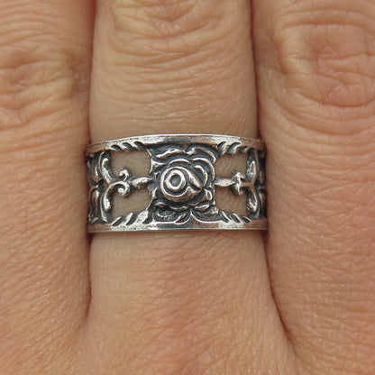 ALBO 835 Silver Vintage Rose Flower Oxidized Band Ring Size 9