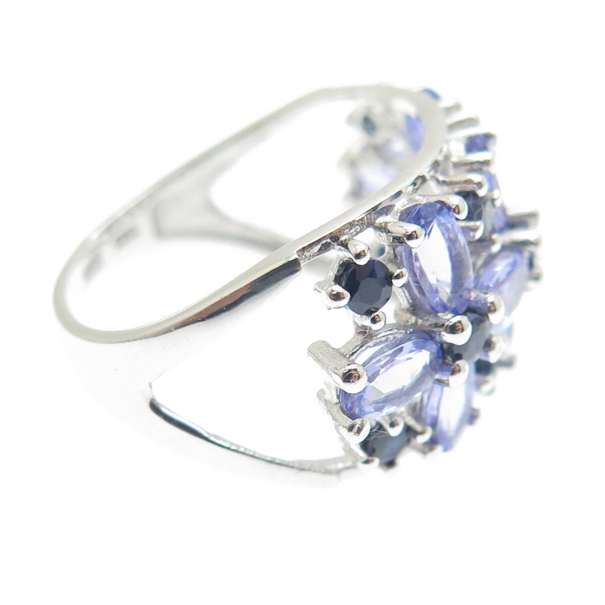 DSMK 925 Sterling Silver Tanzanite & Sapphire Gem Floral Cluster Ring Size 7