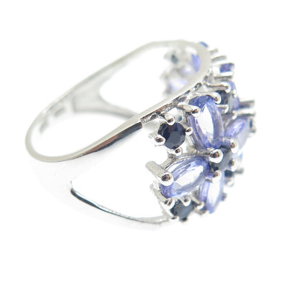 DSMK 925 Sterling Silver Tanzanite & Sapphire Gem Floral Cluster Ring Size 7