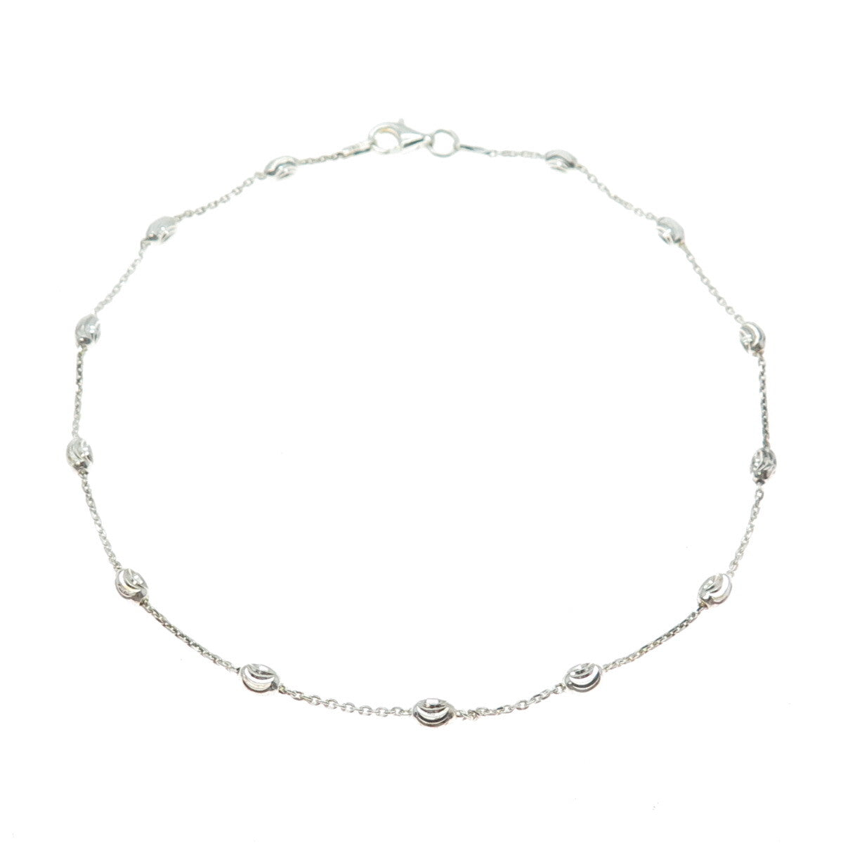 925 Sterling Silver Italy Diamond-Cut Bead Station Cable Anklet / Bracelet 10.5"