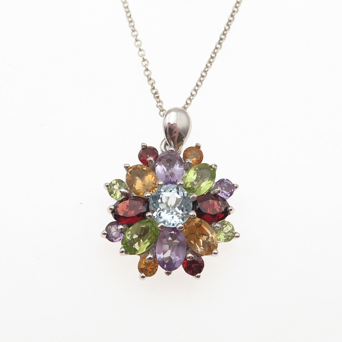 925 Sterling Silver Vintage Topaz Amethyst Garnet Peridot Citrine Necklace 18"