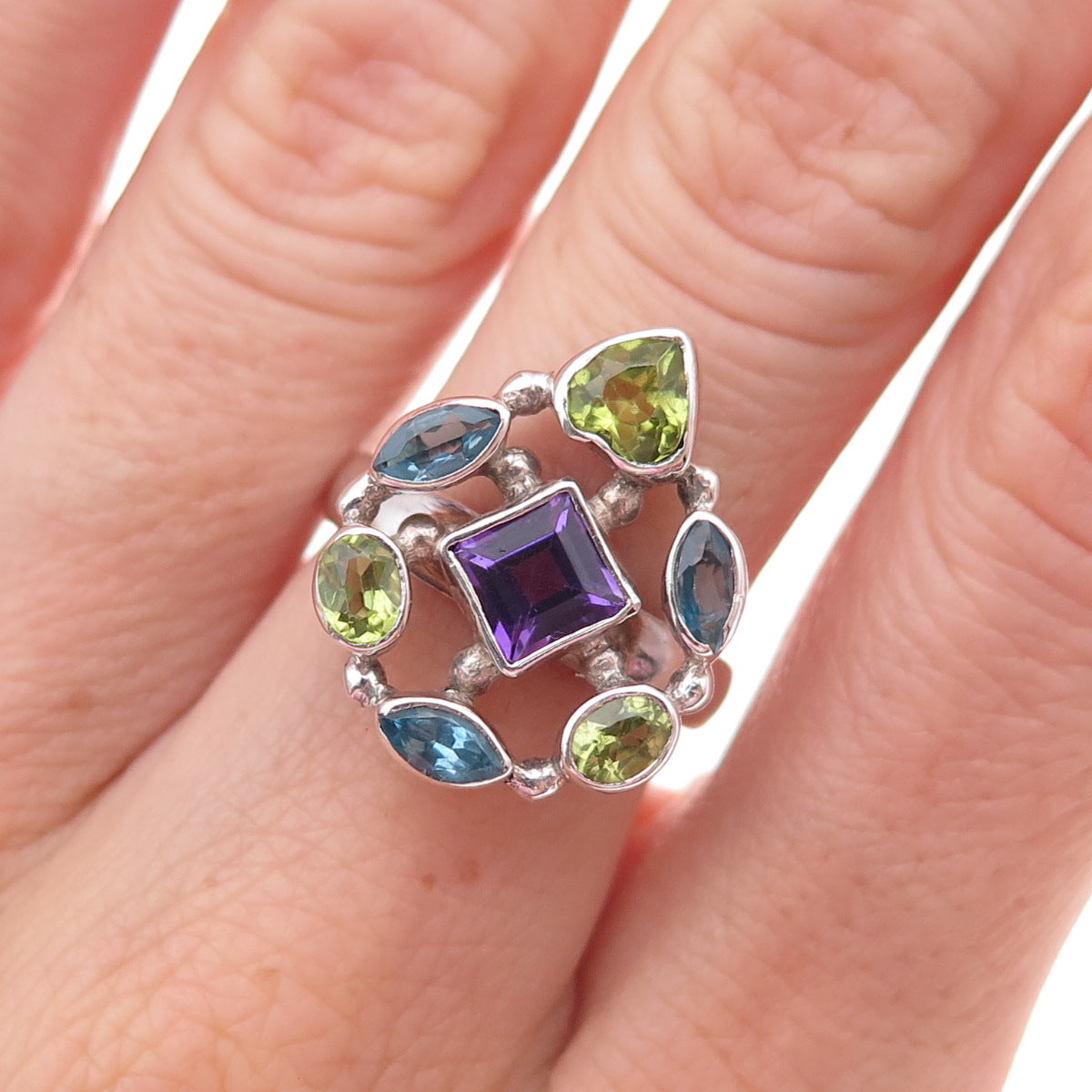 Sajen 925 Sterling Silver Vintage Real Amethyst Blue Topaz Peridot Ring Size 6.5