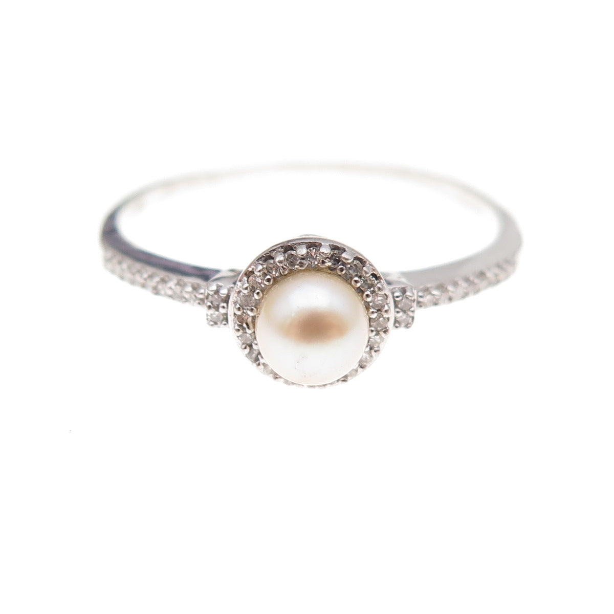 925 Sterling Silver Real Round-Cut Diamond & Pearl Ring Size 8.75