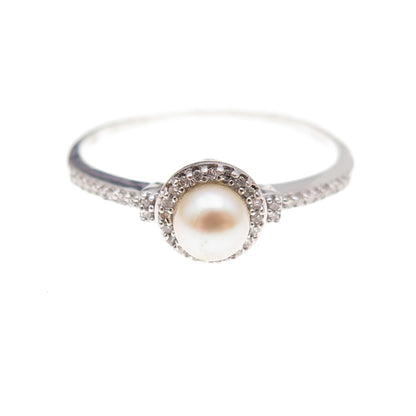 925 Sterling Silver Real Round-Cut Diamond & Pearl Ring Size 8.75