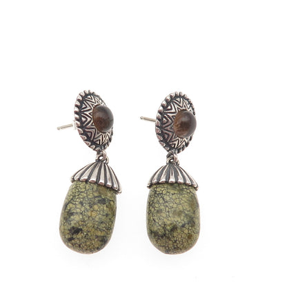 Carolyn Pollack Sterling Vintage Real Green Jasper Smoky Quartz Dangle Earrings