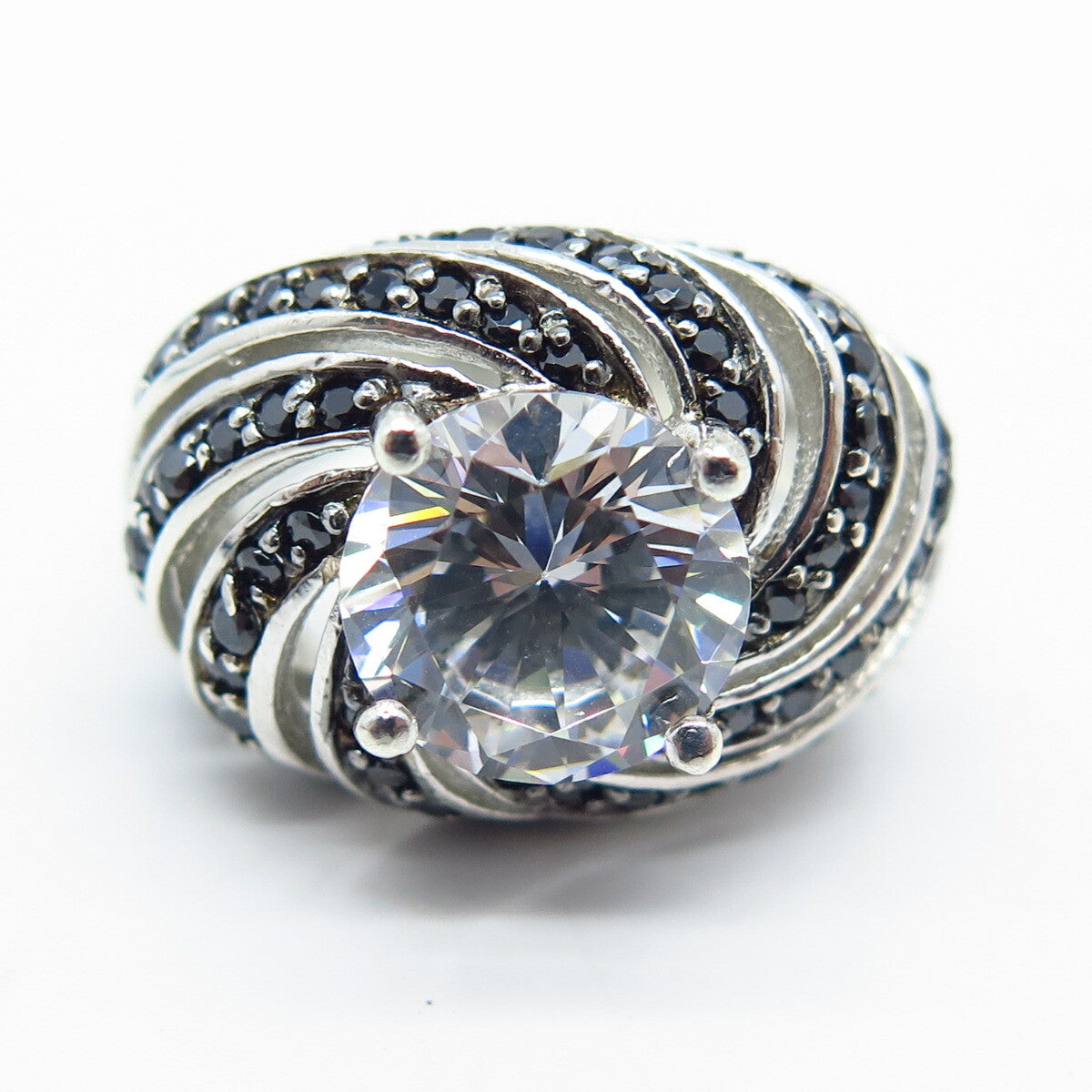 925 Sterling Silver Real Melanite Gem & C Z Swirl Domed Ring Size 6