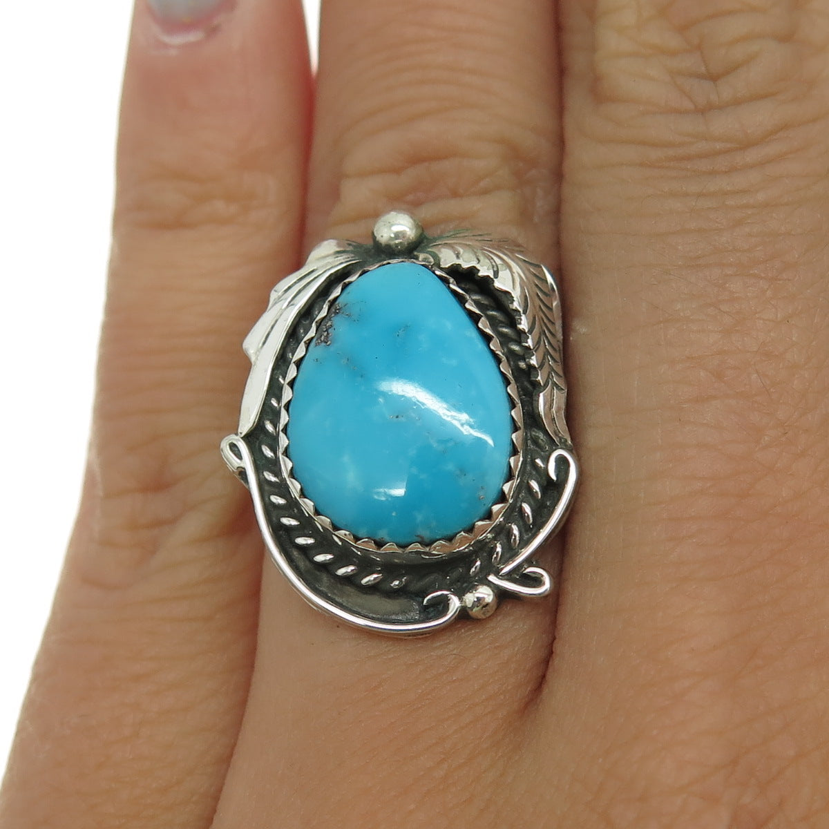 Old Pawn Sterling Silver Southwestern Turquoise Feather Tribal Ring Size 5.25