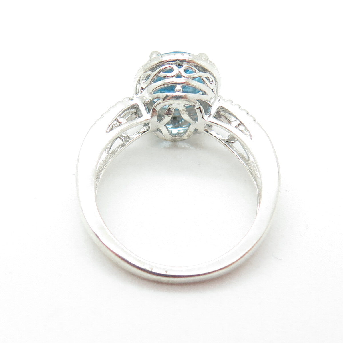 925 Sterling Silver Real White Diamond Accent & Blue Topaz Gem Ring Size 5.75
