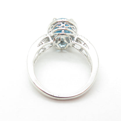 925 Sterling Silver Real White Diamond Accent & Blue Topaz Gem Ring Size 5.75