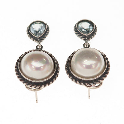 FD Felicia 925 Sterling Vintage Real Blue Topaz & Faux Pearl Omega Back Earrings