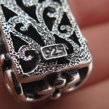 925 Sterling Silver Vintage Real Black Onyx Ornate Oxidized Charm Pendant