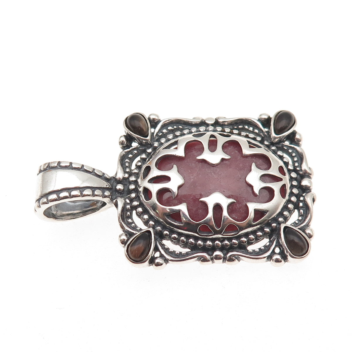 Carolyn Pollack 925 Sterling Silver Vintage Real Rhodonite Smoky Quartz Pendant
