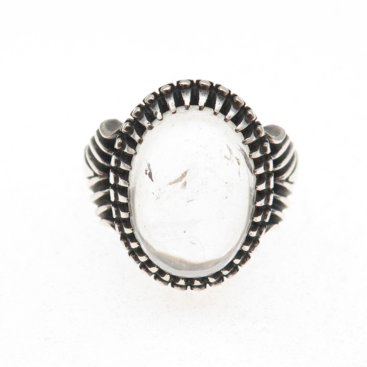 925 Sterling Silver Vintage Real Clear Quartz Modernist Oxidized Ring Size 9.25