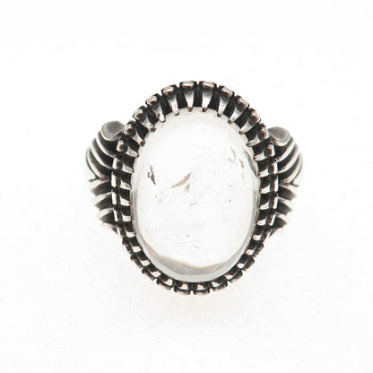 925 Sterling Silver Vintage Real Clear Quartz Modernist Oxidized Ring Size 9.25