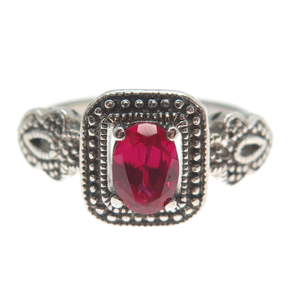 925 Sterling Silver Vintage Real Diamond Accent Lab-Created Ruby Ring Size 8.25