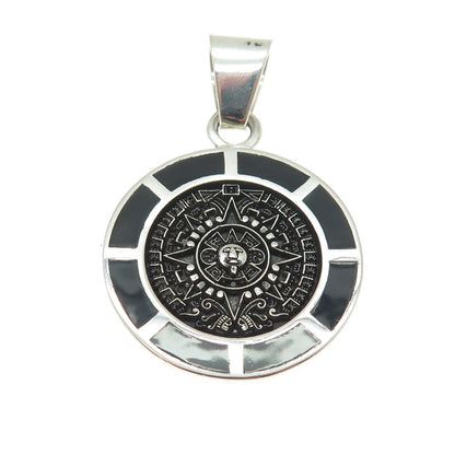 925 Sterling Silver Vintage Mexico Real Black Onyx Mayan Calendar Pendant