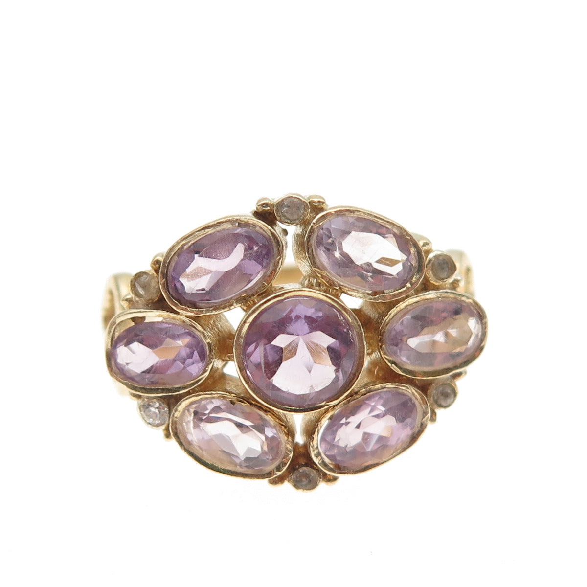 925 Sterling Silver Gold Plated Vintage Real Amethyst & C Z Ring Size 5.25