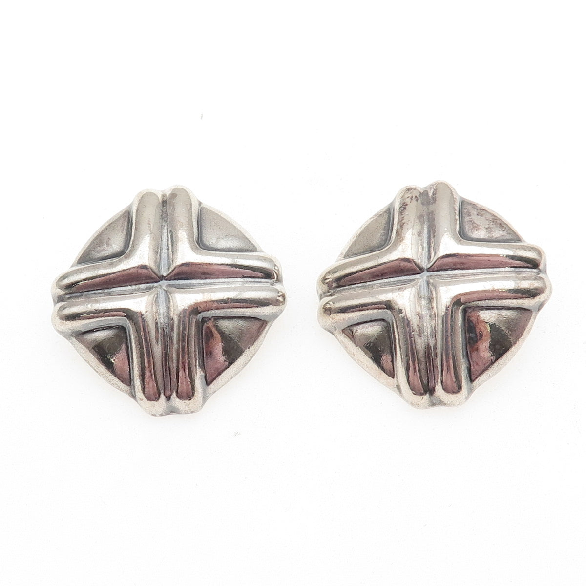 925 Sterling Silver Vintage Mexico Modernist Cross Oxidized Clip On Earrings