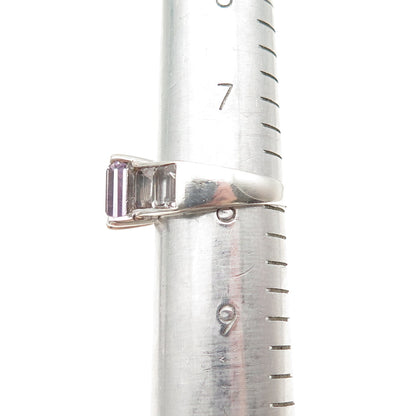 925 Sterling Silver Vintage Real Emerald-Cut Amethyst & White Topaz Ring Size 8