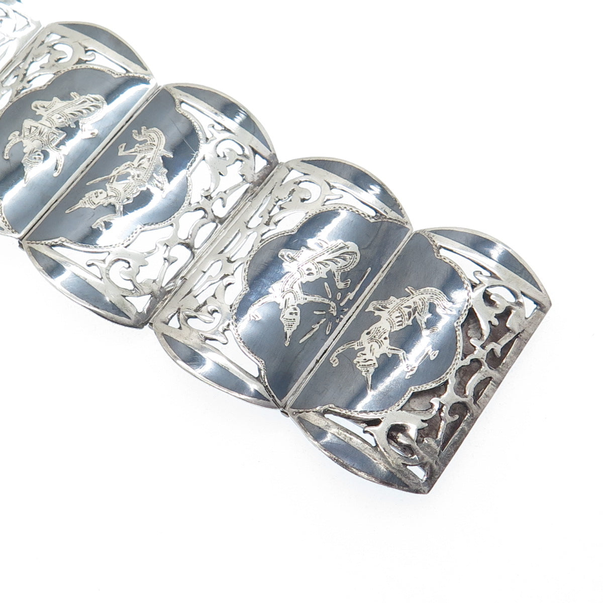 925 Sterling Silver Antique Siam Niello Hindu Goddess Panel Link Bracelet 7"