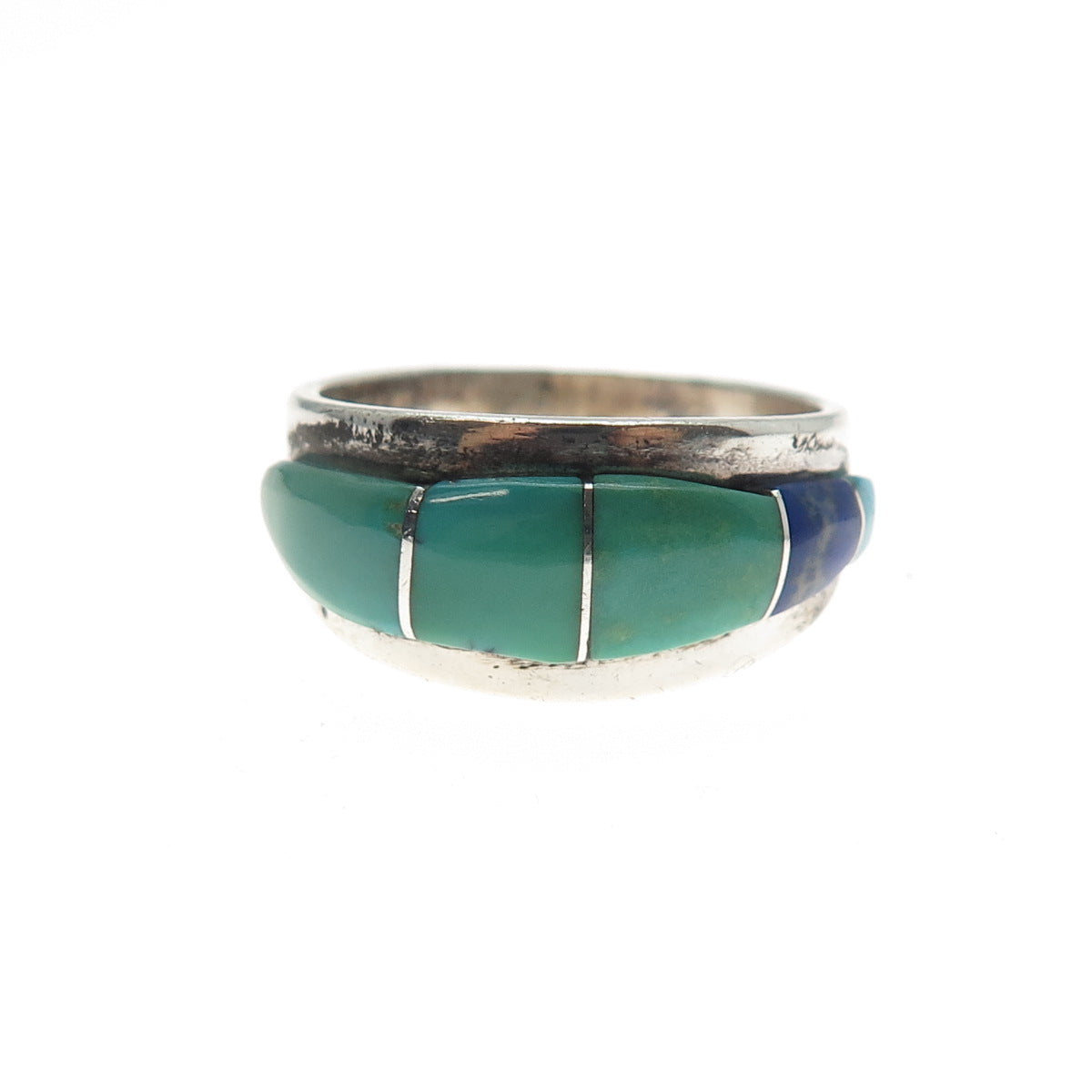 Old Pawn 925 Sterling Silver Vintage Turquoise & Lapis Tribal Ring Size 9.25