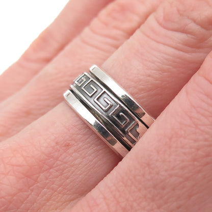 925 Sterling Silver Vintage Greek Key Oxidized Rotating Band Ring Size 9