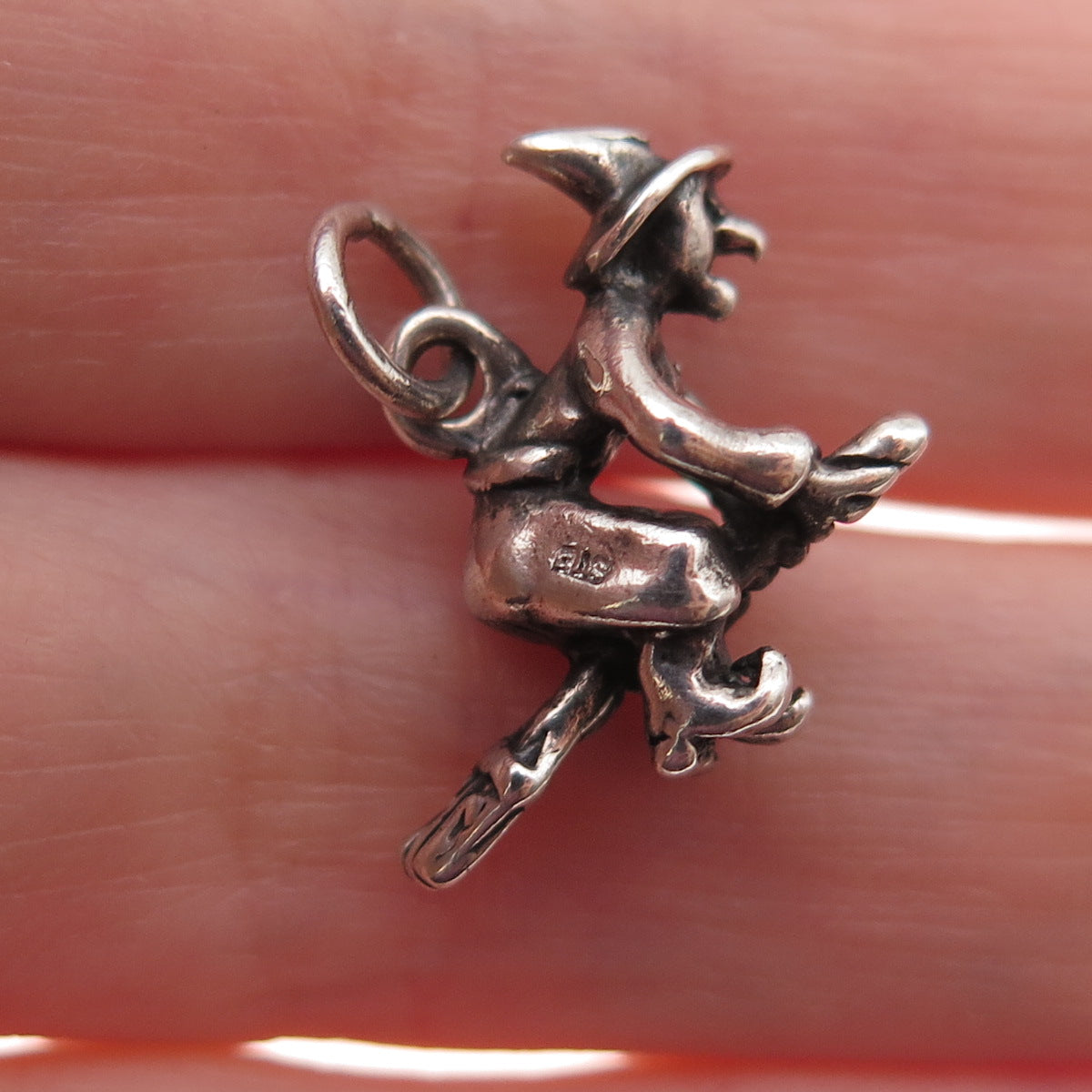 925 Sterling Silver Vintage Witch On Broomstick Oxidized 3D Charm Pendant