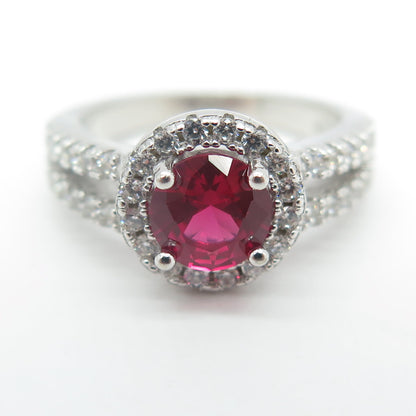 925 Sterling Silver Round-Cut Lab-Created Ruby & C Z Engagement Ring Size 5.25