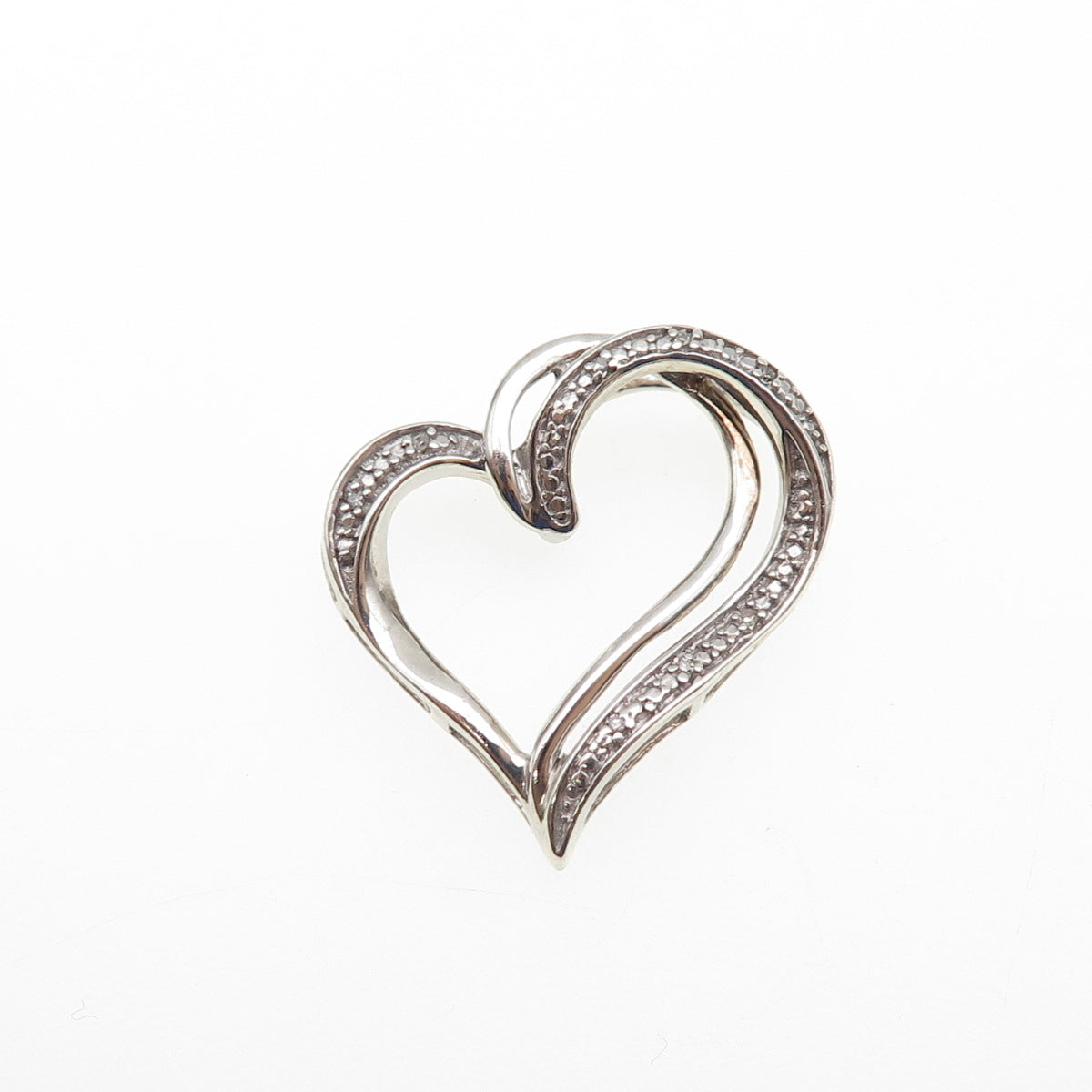925 Sterling Silver Real Round-Cut Diamond Double Heart Slide Charm Pendant