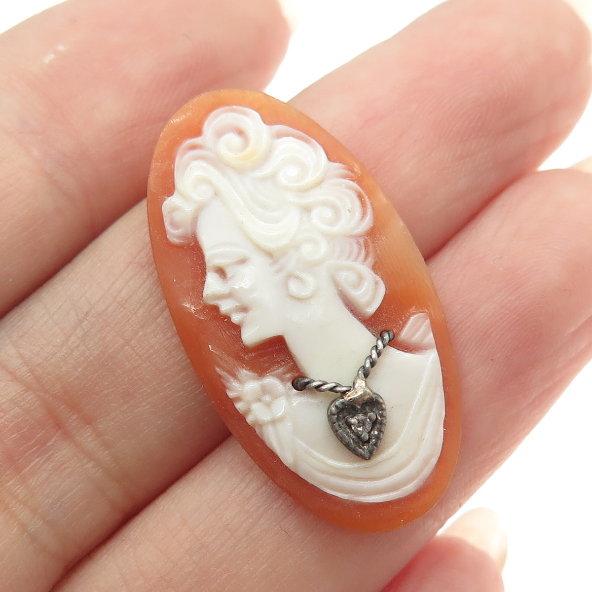 Antique Victorian Silver Real Diamond & Carved Mother-of-Pearl Heart Lady Cameo