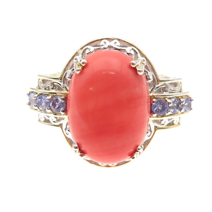 Michael Valitutti Gems En Vogue 925 Sterling 2-Tone Coral Tanzanite Ring Size 7